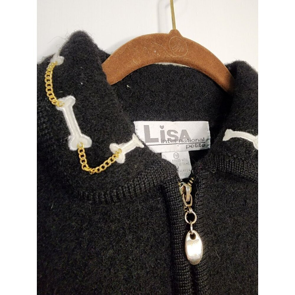 Cute 90s Boiled Wool Full Zip Cardigan Dogs Bones Lisa International Sz Petite M - Picture 4 of 7